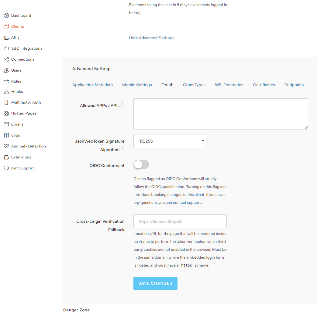 Auth0 OAUTH advanced settings